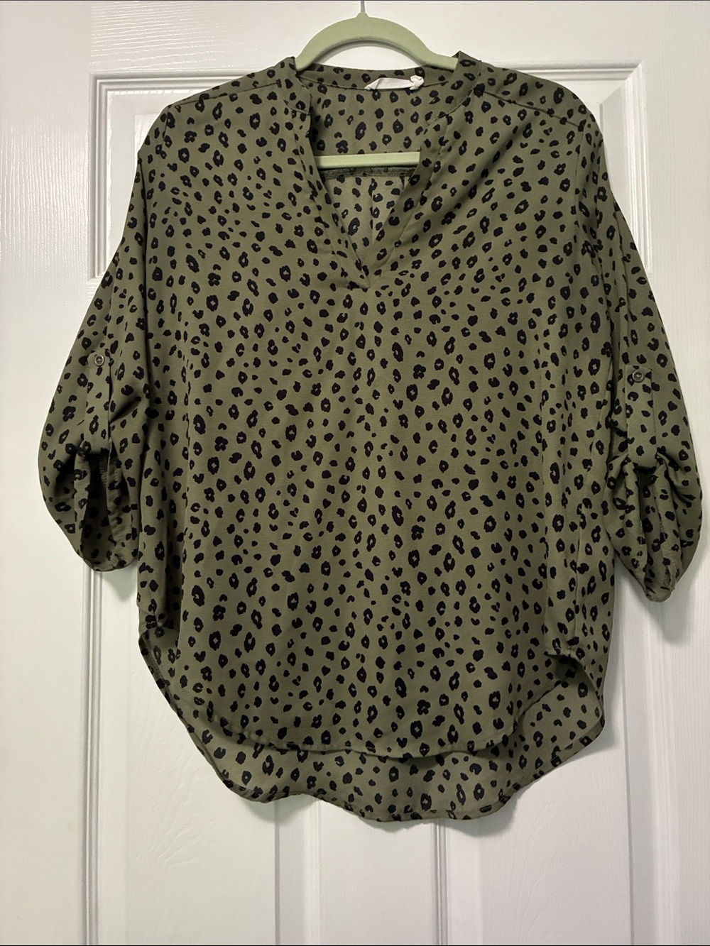 Olive Green Leopard Print V-Neck Tunic Blouse - Women